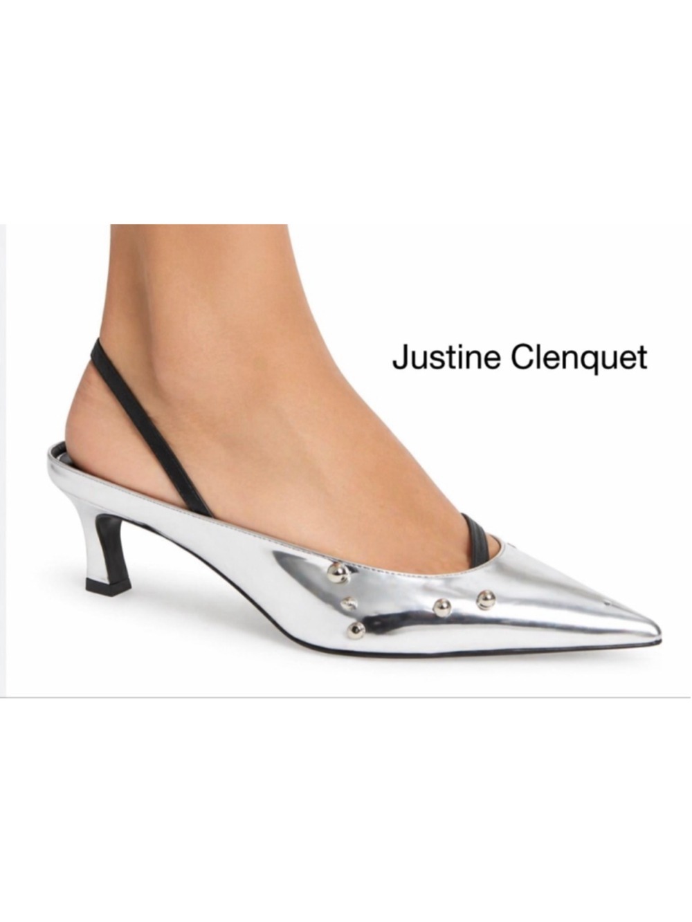 New Justine Clenquet Silver Joy Kitten Heel Slingback Mules Size 7/37